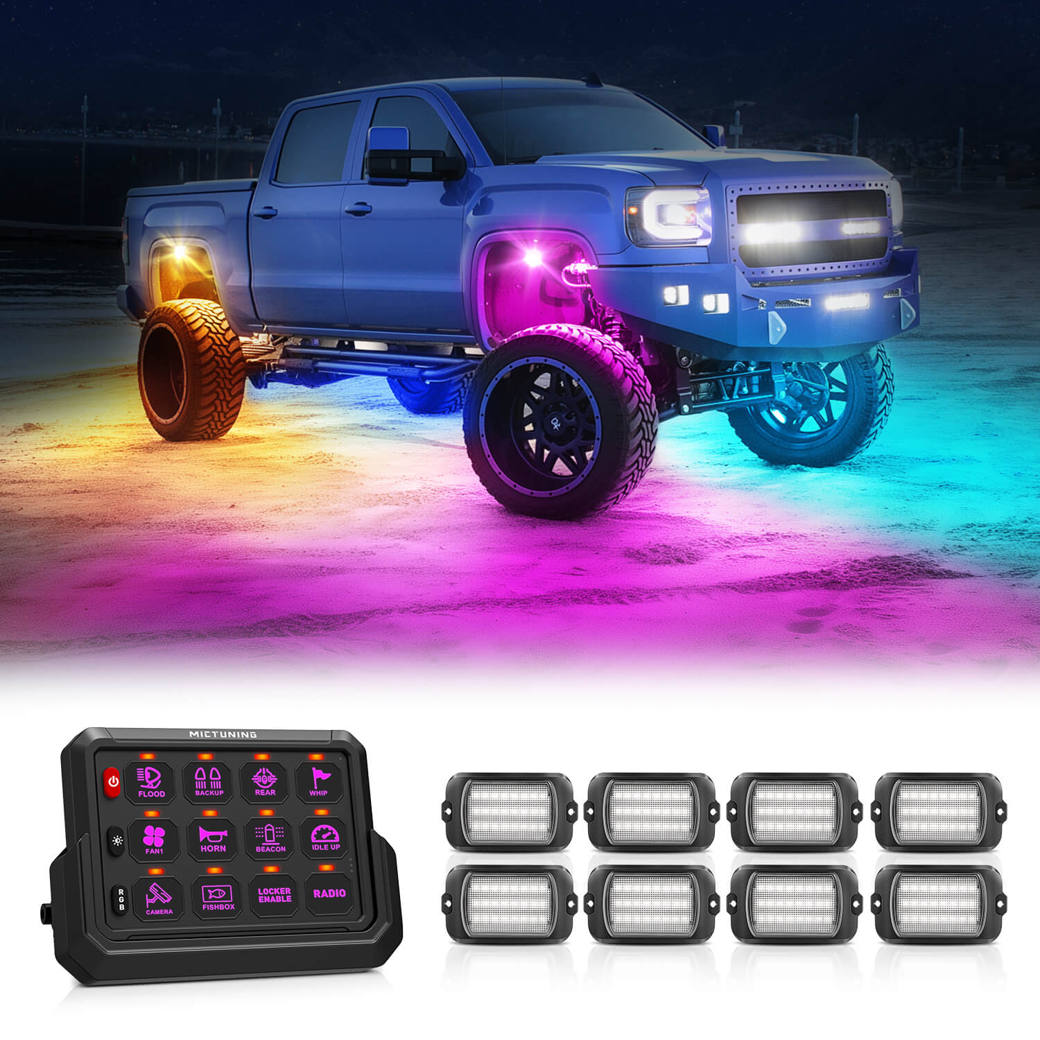 Q1 Max RGB+IC Rock Lights + P1s-AC Wireless 8/12 Gang RGB Switch