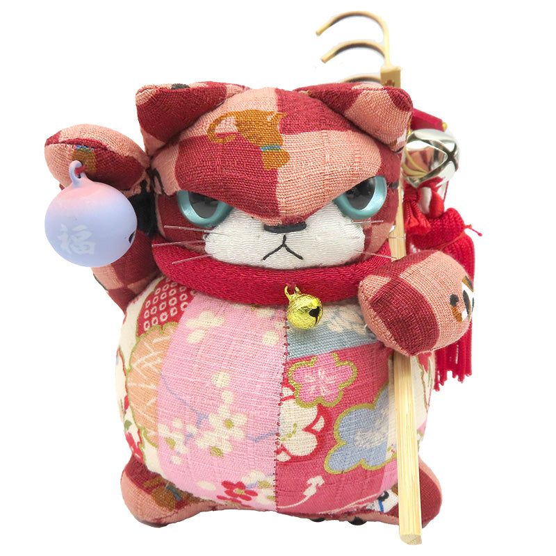 萩工房 わるねこ 熊手・鈴持ち ネコ＆和花柄 座布団付き