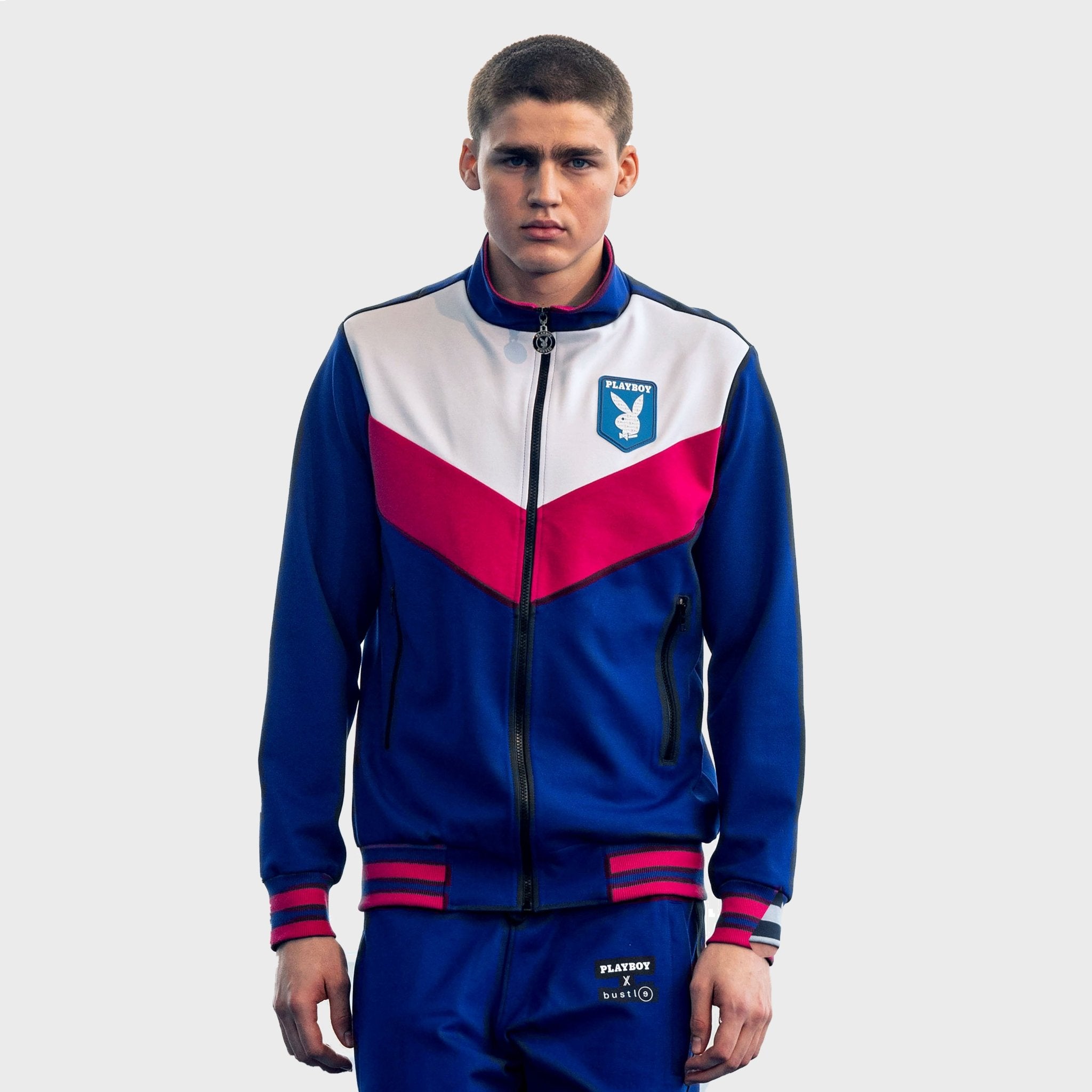 Zip-front jacket in cobalt, off-white, and fuchsia