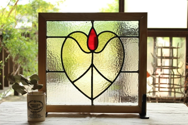 2枚あり！赤と緑のチューリップ模様ステンドグラス イギリス