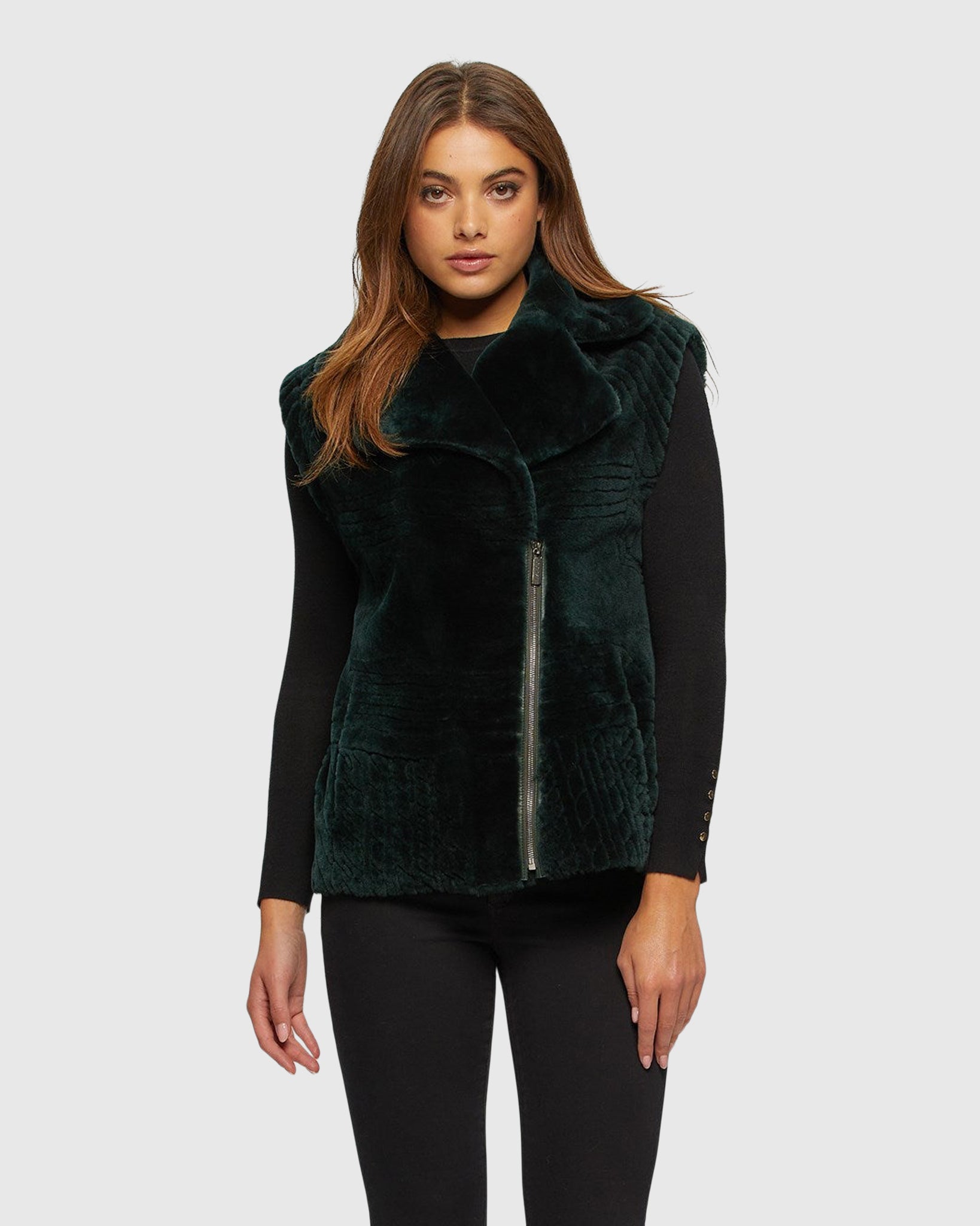Select Shearling Lamb Zip Vest with Grooved Pattern