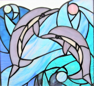 ステンドグラス イルカと海 季節のパネル夏 Nさん 教室生徒さん作品