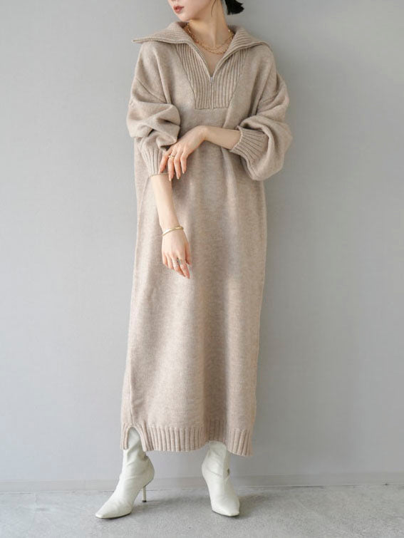 ハイネックジップニットワンピース/ベージュ – Lumier