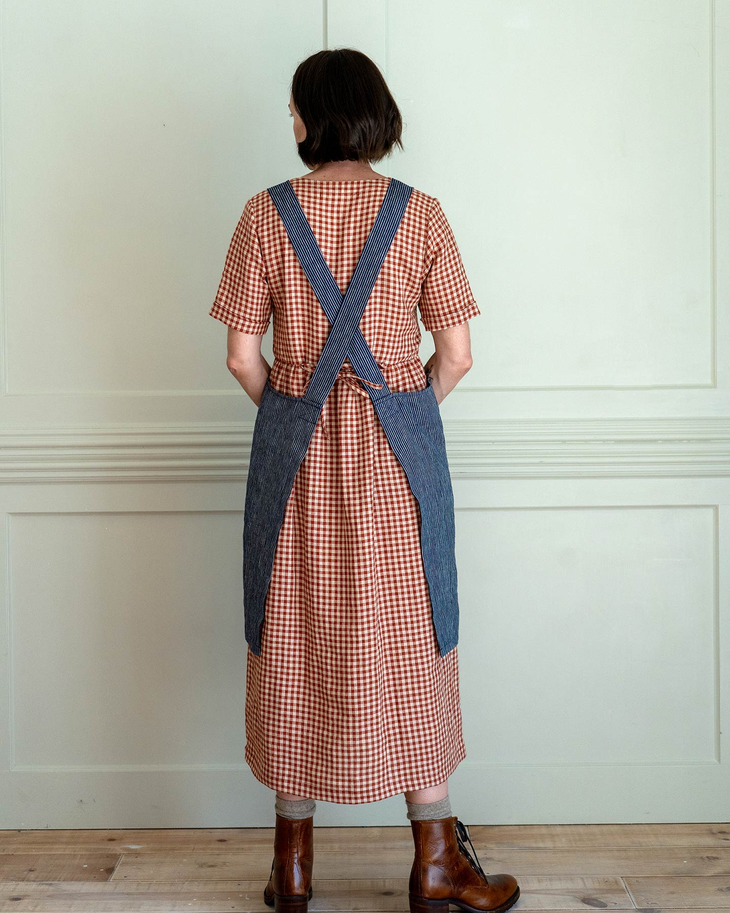 Cross Back Apron in Small Indigo Stripe Linen