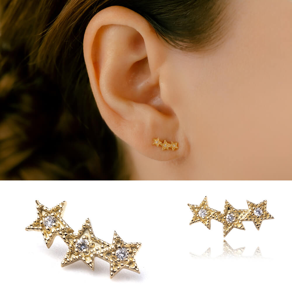 K18金 ダイヤモンド スター 3連風 軟骨ピアス・ボディピアスパーツ