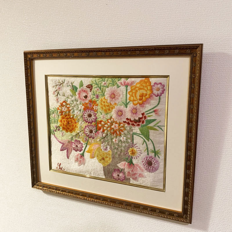 ベトナム シルク刺繍絵 Mr. クオック・スー作品 フラワー 額付 1402-8