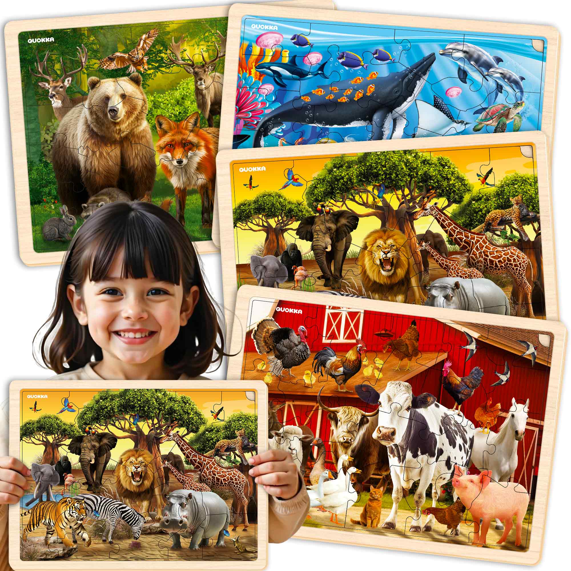 4 Set 48 Pcs Wooden Puzzles for Kids | Africa, Ocean & Wild Animals