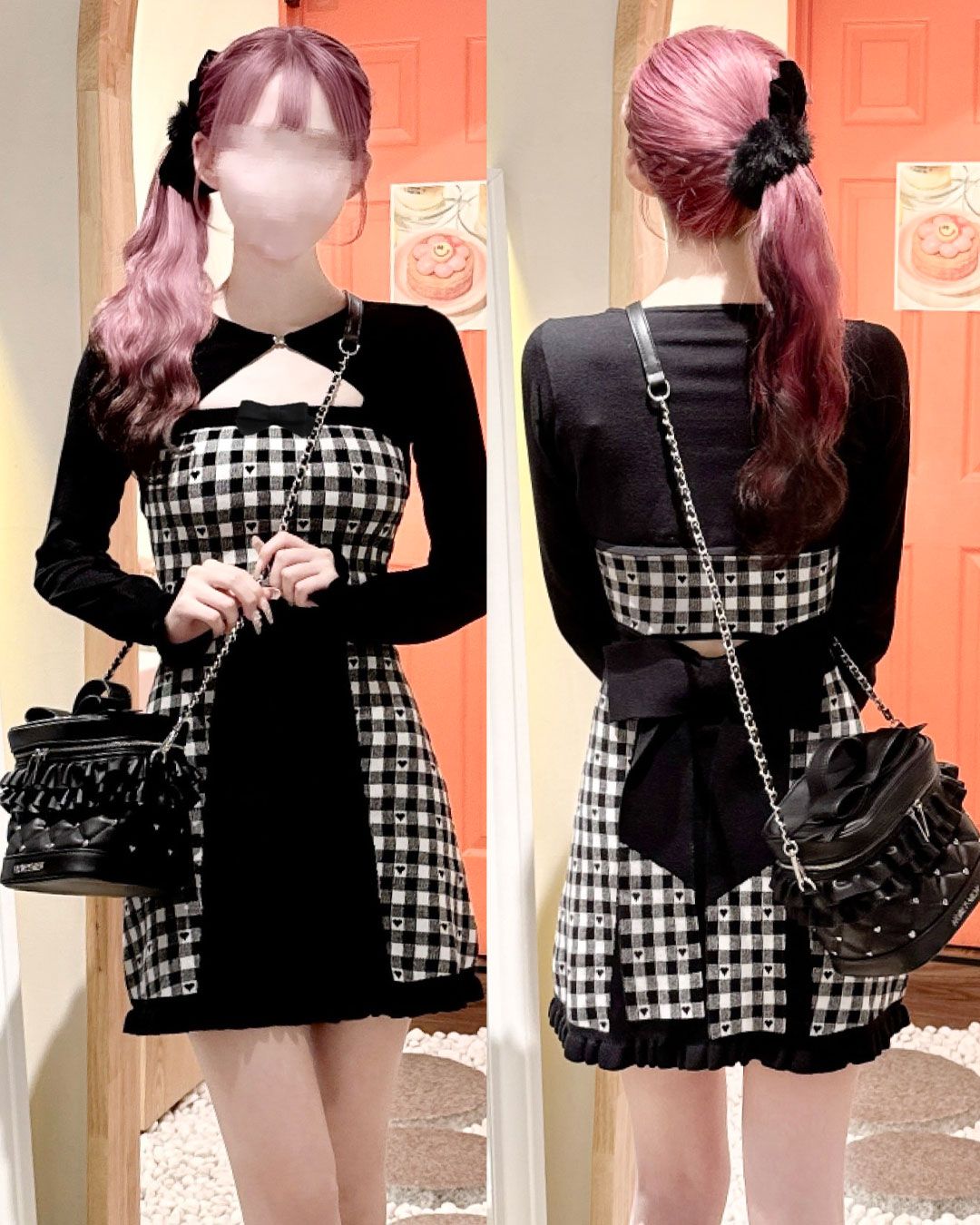 バックリボン×ギンガムハートアンサンブルワンピース グレー