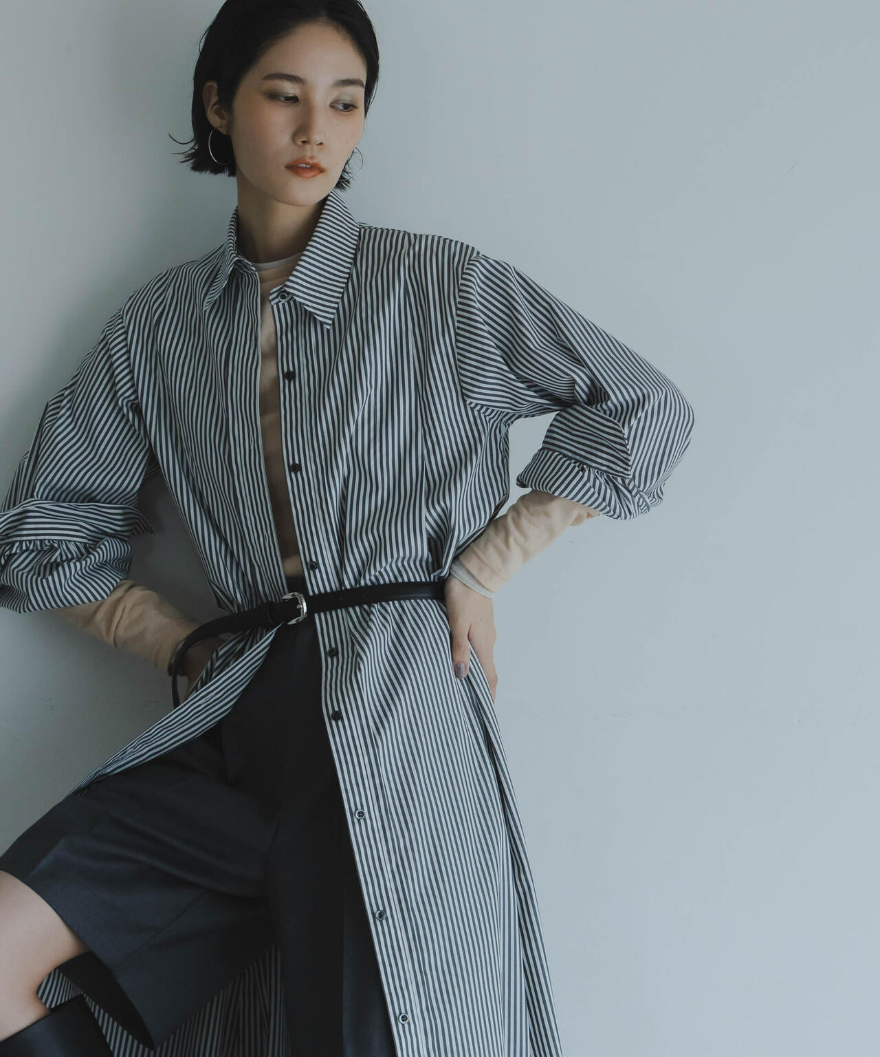 タック フレア シャツ ワンピース