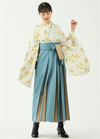 袴レンタルセット「春晴花」たんぽぽと菜の花・象牙色＆無地袴・浅葱色