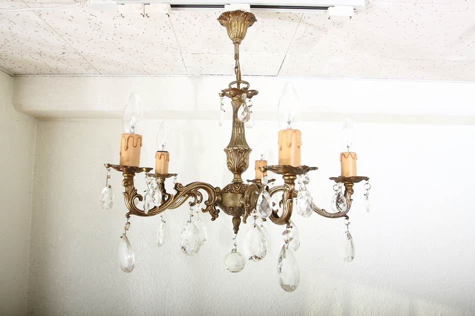 アンティークブラス ガラスドロップシャンデリア(5灯)｜アンティーク