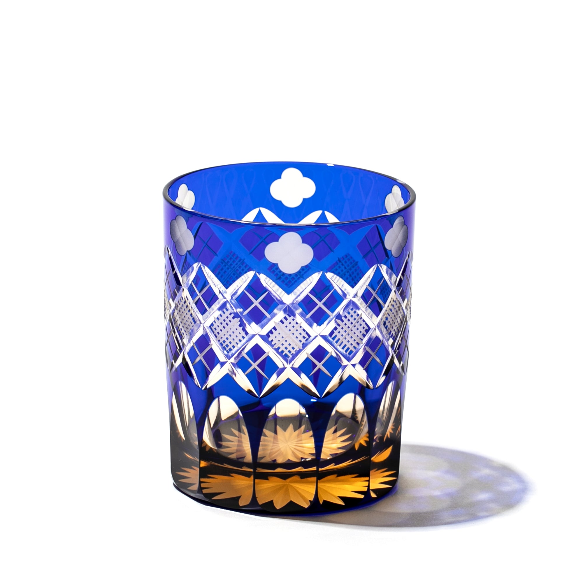 江戸切子 - 四ツ葉に矢来魚子紋 オールドグラス（琥珀ルリ） -【公式