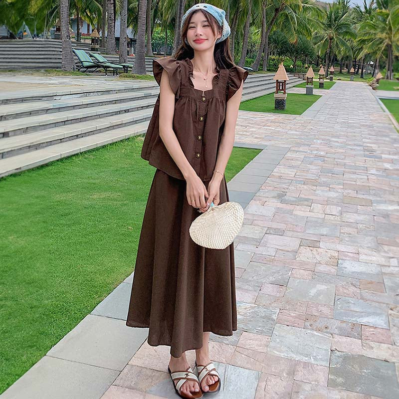 スクエアネックフレアセットアップ(2colors)（茶・黒）春/夏 頑張り