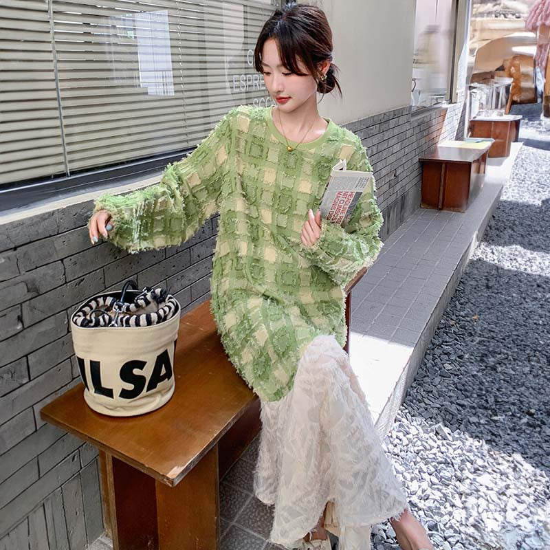 グリーンエンボスチェックワンピース(緑/白/チェック)春夏秋大人可愛い