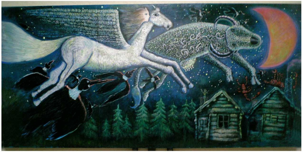 魔女の宅急便 ウルスラ 星空をペガサスと牛が飛んでいく キャンバス