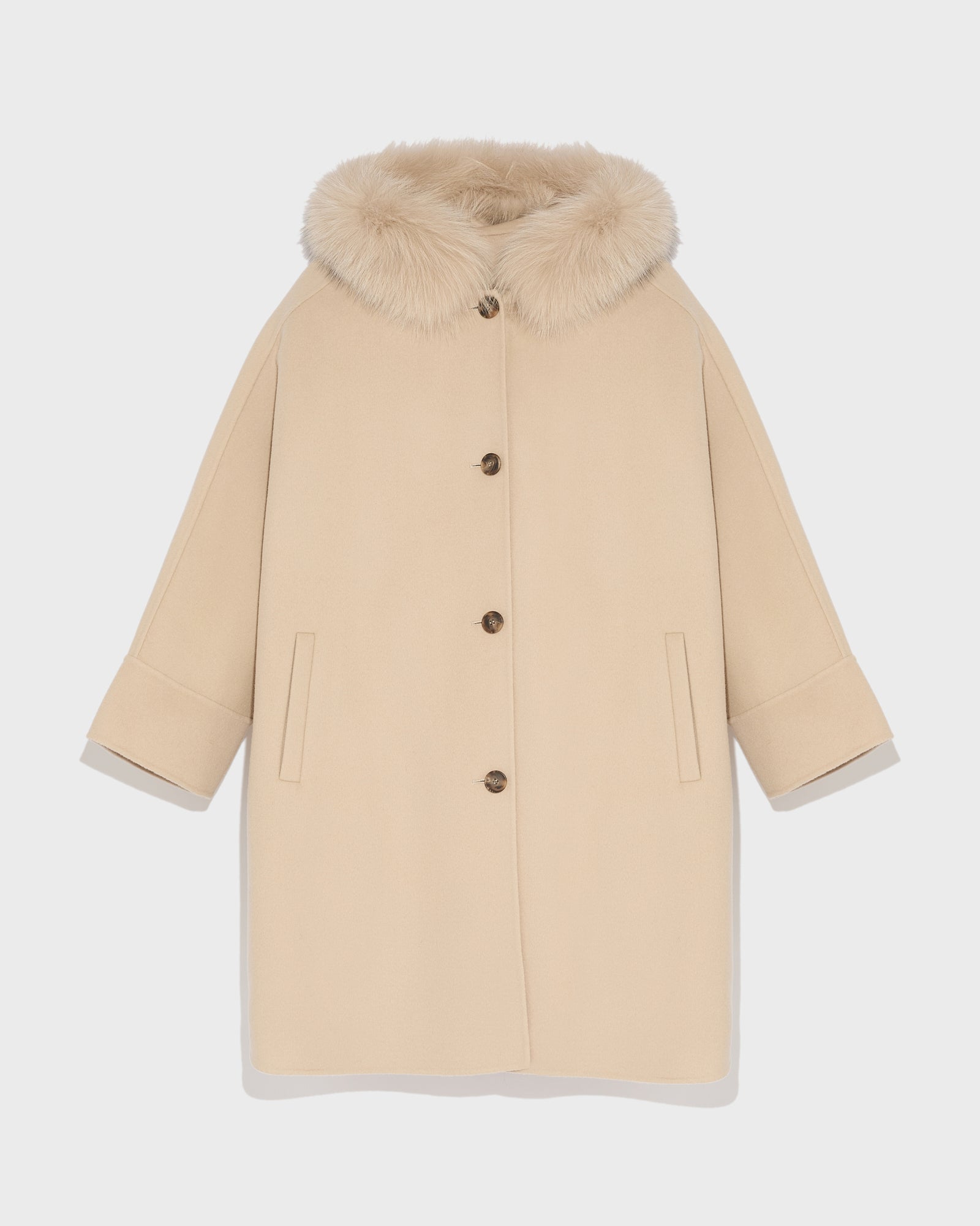 Cashmere blend hooded cape with fox trim - beige - Yves Salomon