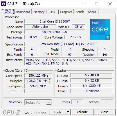 Intel Core i5 12500T @ 3591.22 MHz - CPU-Z VALIDATOR
