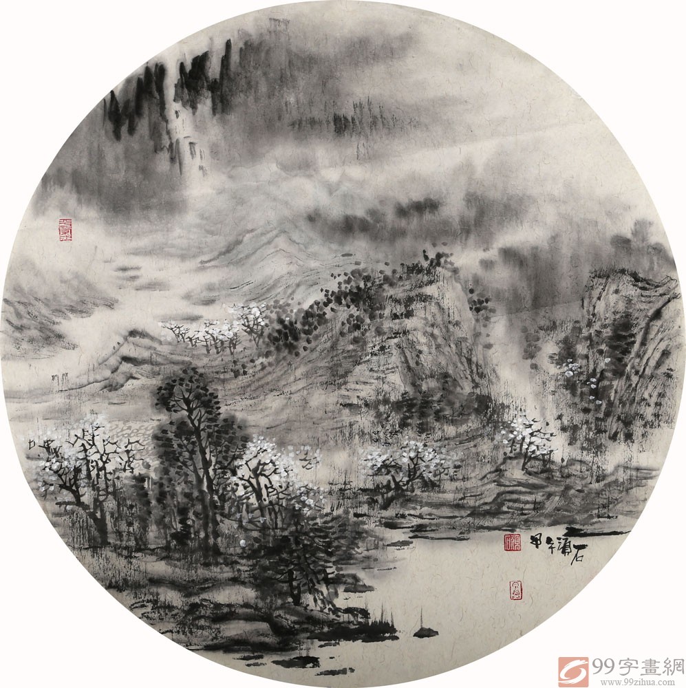 当代水墨漫画名家强春云扇画《春山晓雾》 - 写意山水画- 99字画网