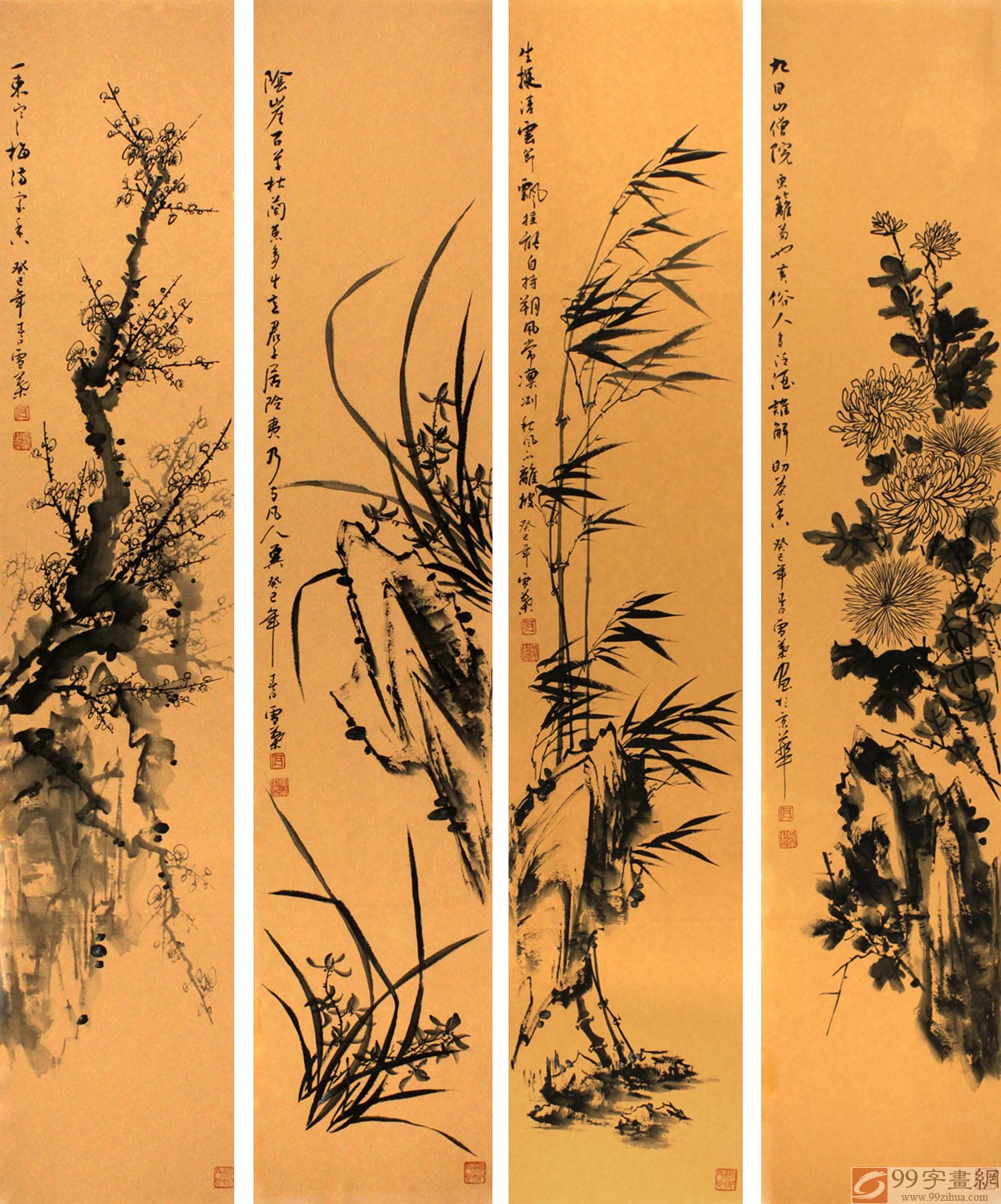 何华贤国画梅兰竹菊四条屏- 梅兰竹菊四君子- 99字画网