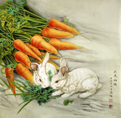 工笔国画兔子家居装饰风水国画- 花鸟画- 99字画网