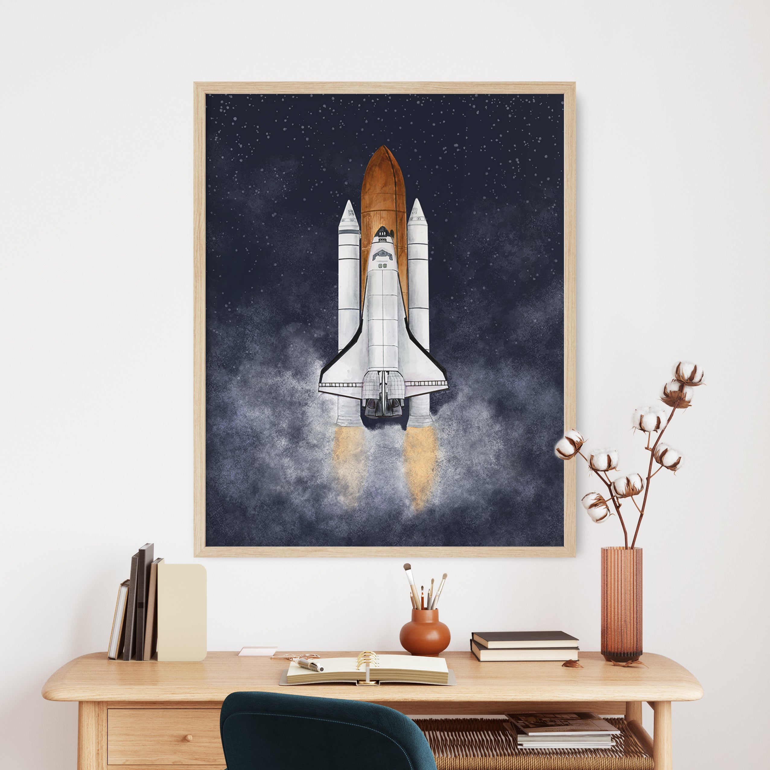 Space Shuttle with Starry Night Sky | Rocket Art Print – Tiny Toes
