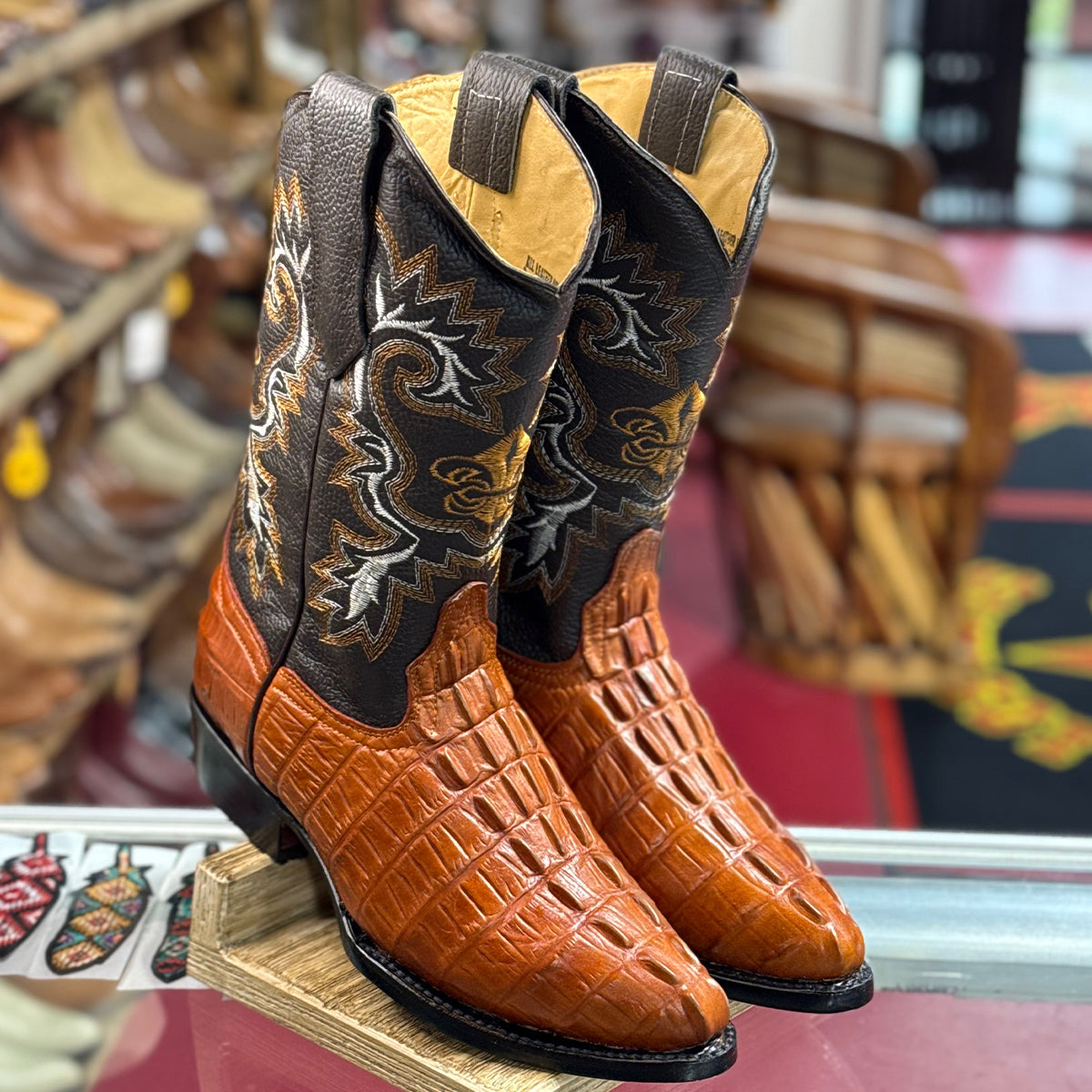 Crocodile Print Western Boots J-Toe Cognac