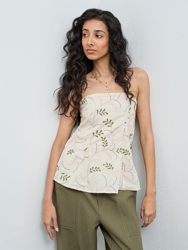 Buy Bombay Paisley Off-White Embroidered Cotton Tube Top from Westside