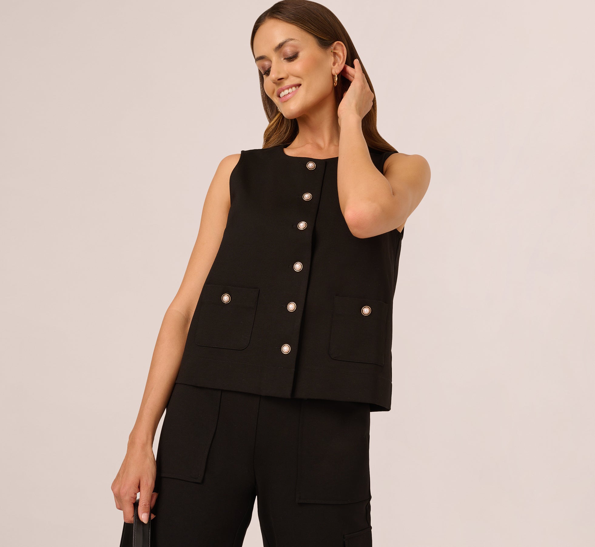 Button Front Ponte Vest Top In Black - Adrianna Papell