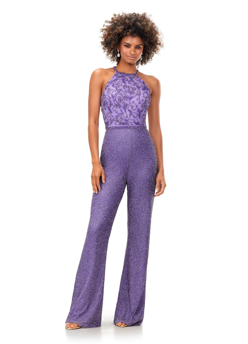 ASHLEYlauren 11339 Halter Beaded Wide Leg Jumpsuit