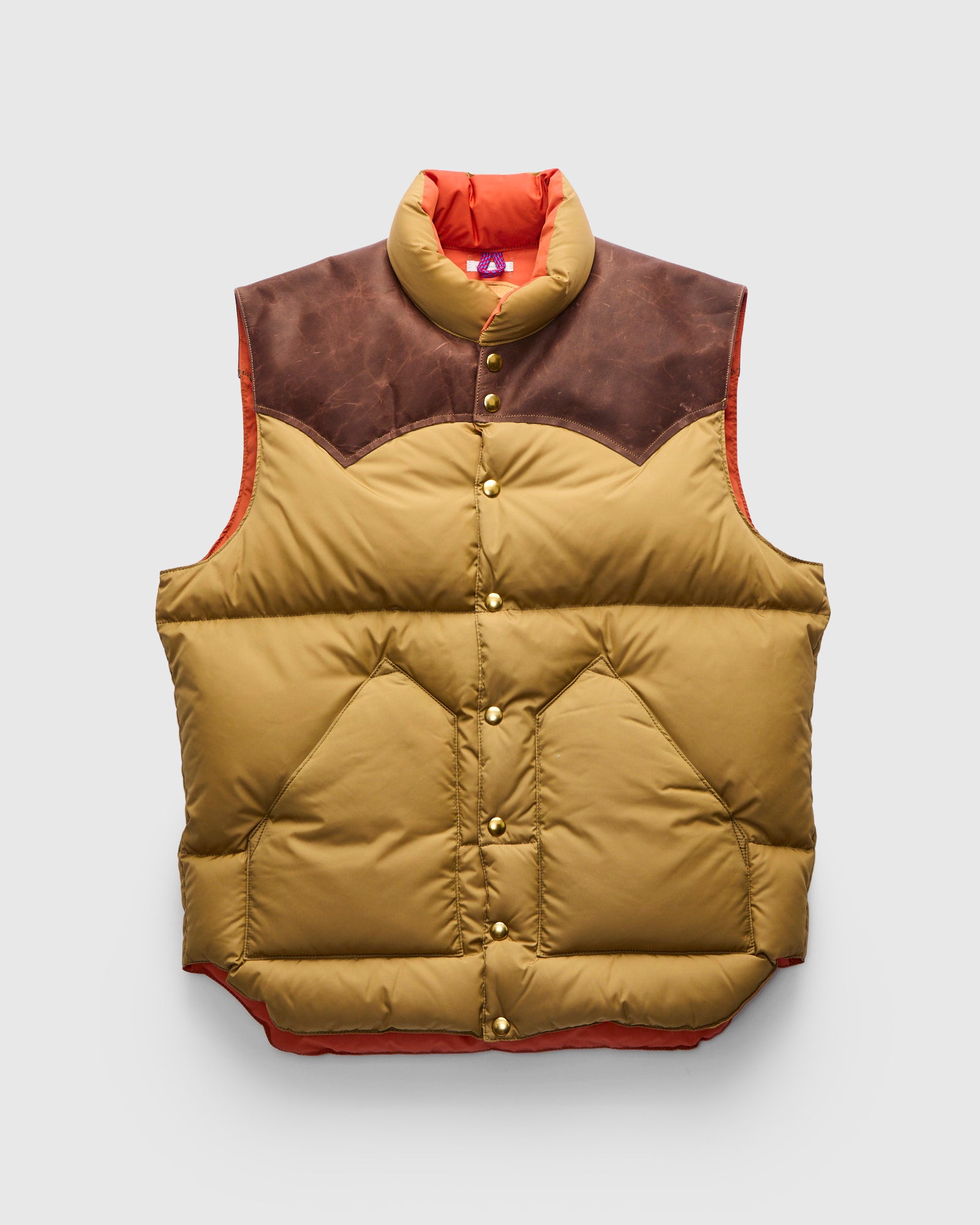 Rocky Mountain Featherbed x Warehouse Nylon Down Vest in Camel
