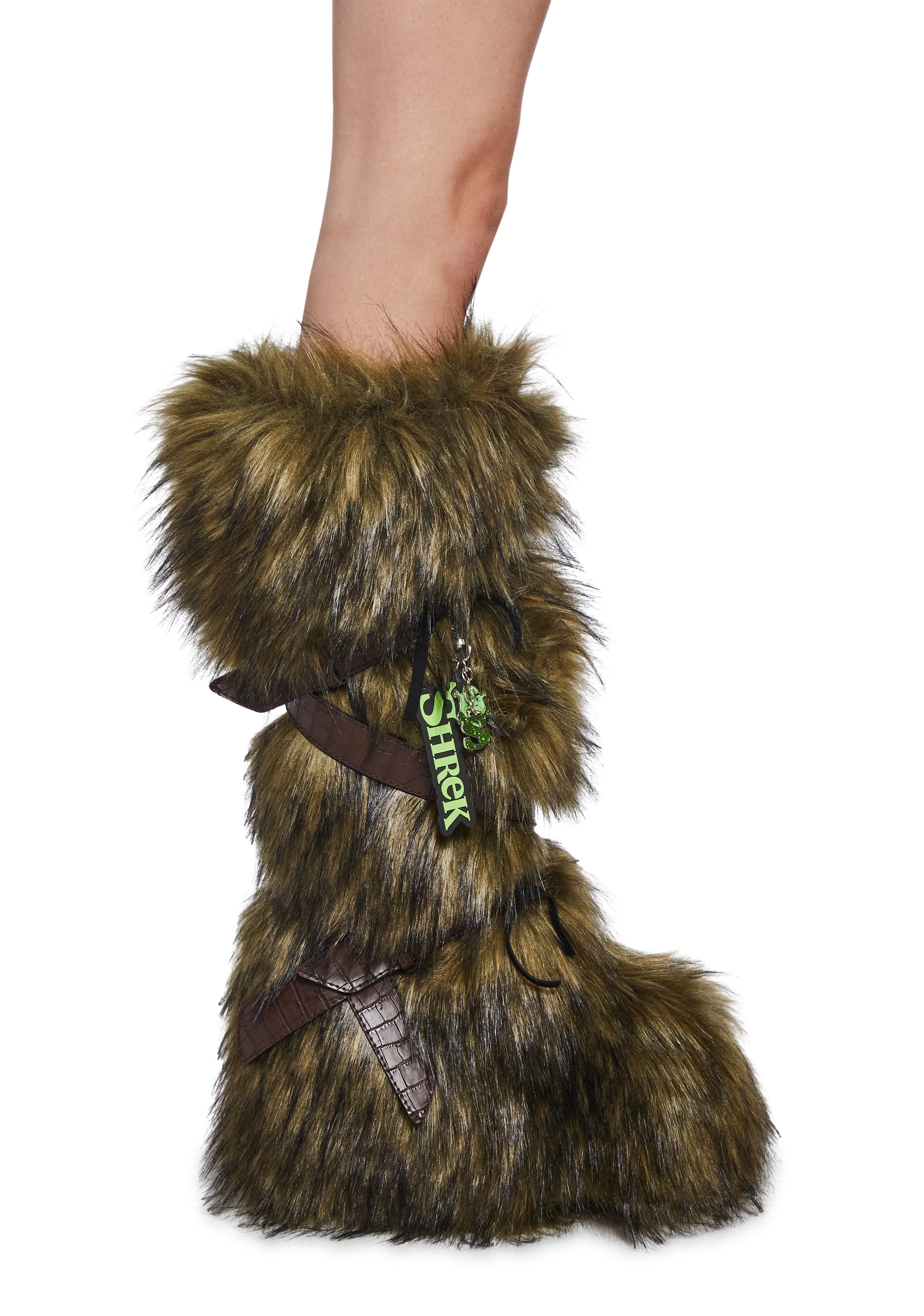 Dolls Kill x Shrek Faux Fur Boots With Straps And Keychain - Green