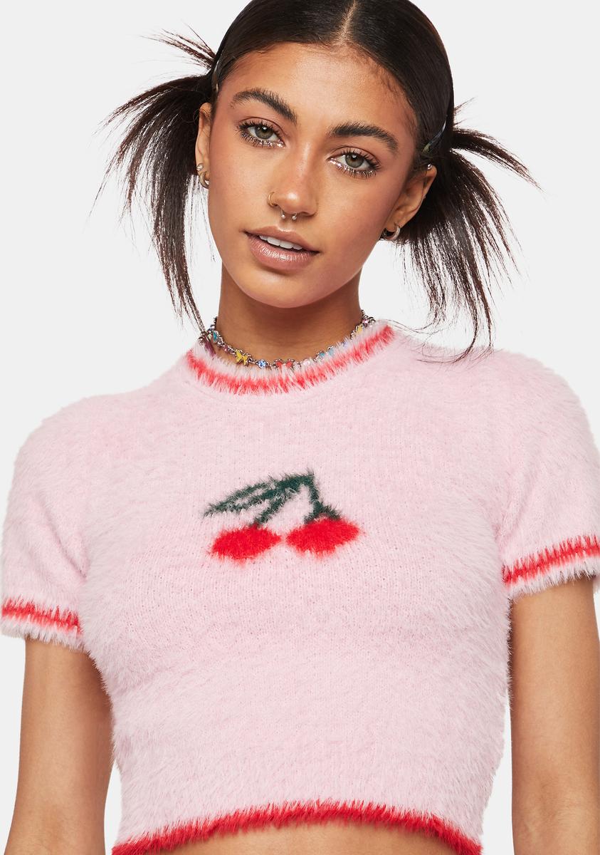 Pretty Garbage Cherry Fuzzy Crop Short Sleeve Sweater Top - Pink