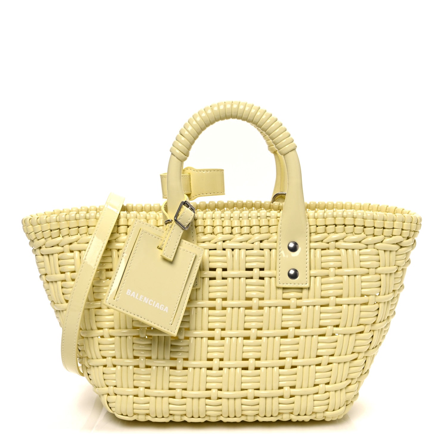 Balenciaga Varnished Faux Calfskin Braided XS Bistro Basket Pale