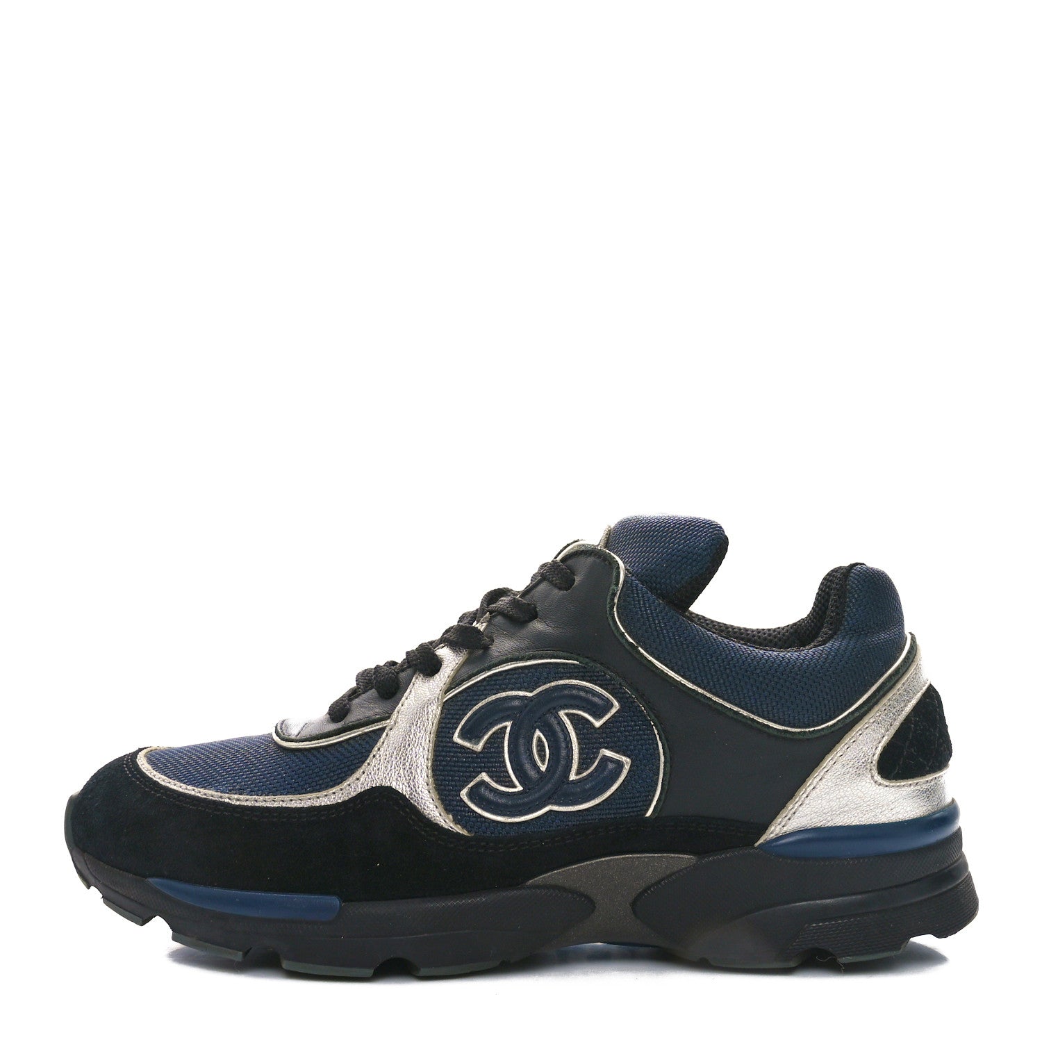 Chanel Mesh Suede Calfskin Womens CC Sneakers 36 Dark Blue Black