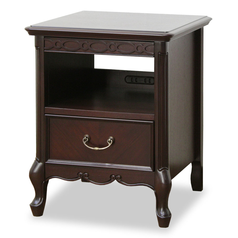 ナイトテーブル「フルール DM」幅40cm マホガニー材ダークブラウン色