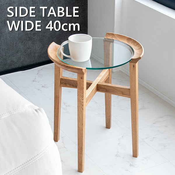 lushroom サイドテーブル ガラス 天然木 ナイトテーブル 丸型 幅40
