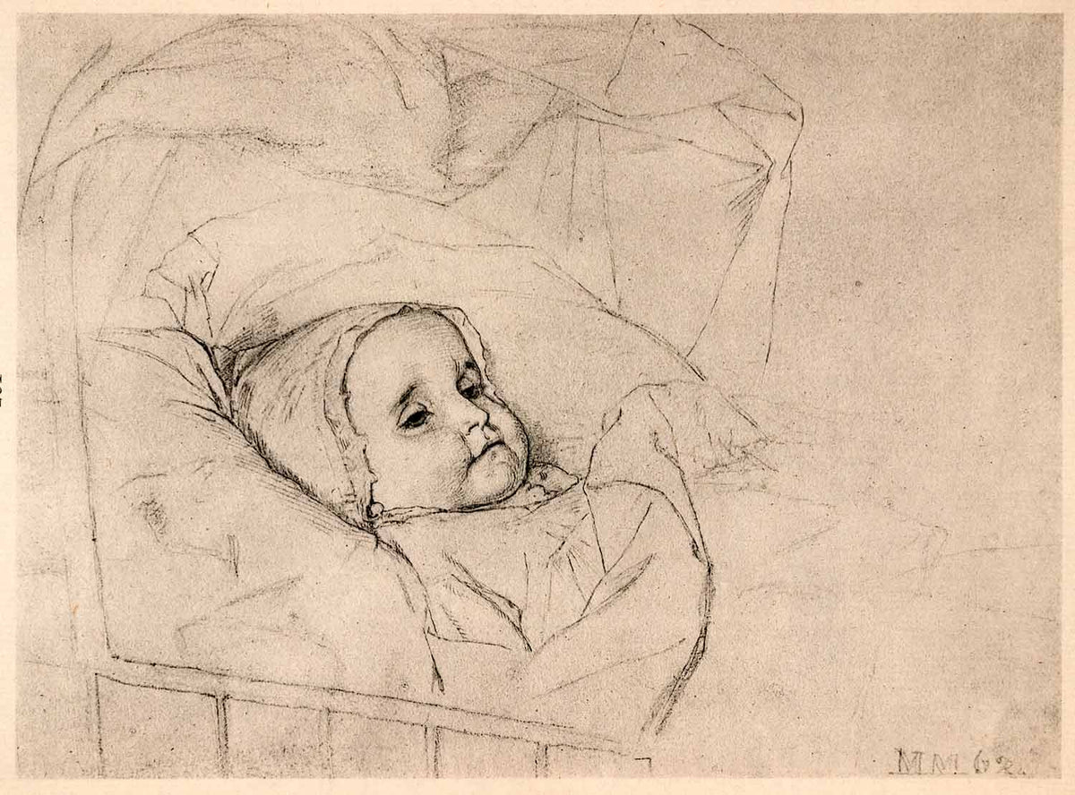 1921 Lithograph Pencil Drawing Dead Baby Bassinet Matthew Maris