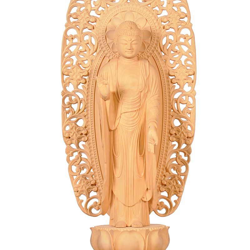 柘植 最上彫 大仏座八角台座 唐草光背 舟立弥陀 4.5寸台付 - 創業150年