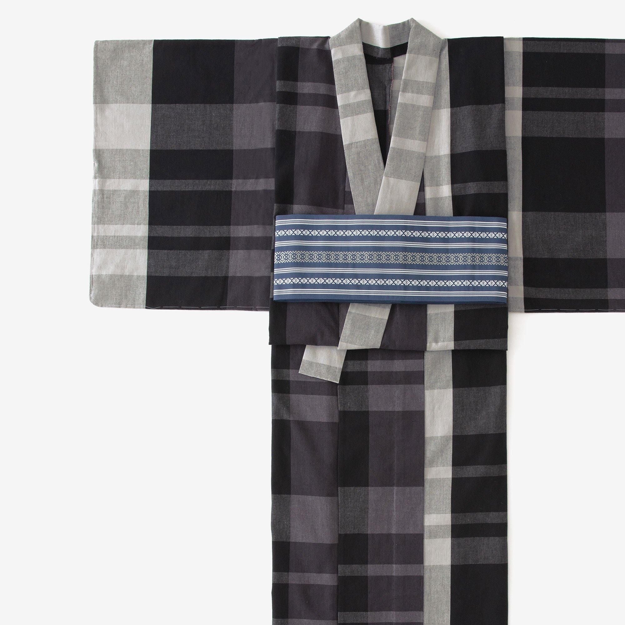 お仕立て別】伊勢木綿（20/20） 着物反物／宇治橋格子 杢墨（もくず