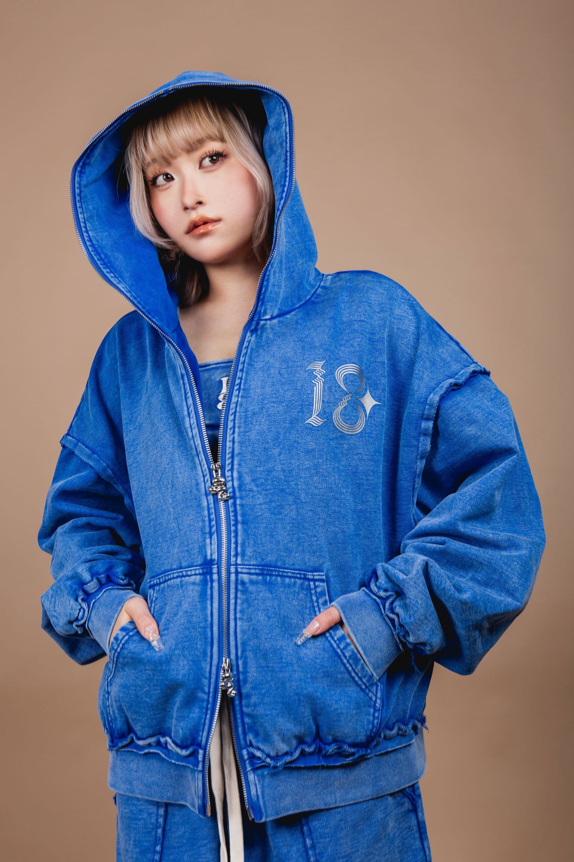 WASHED DOUBLE ZIP HOODIE blue – 1818