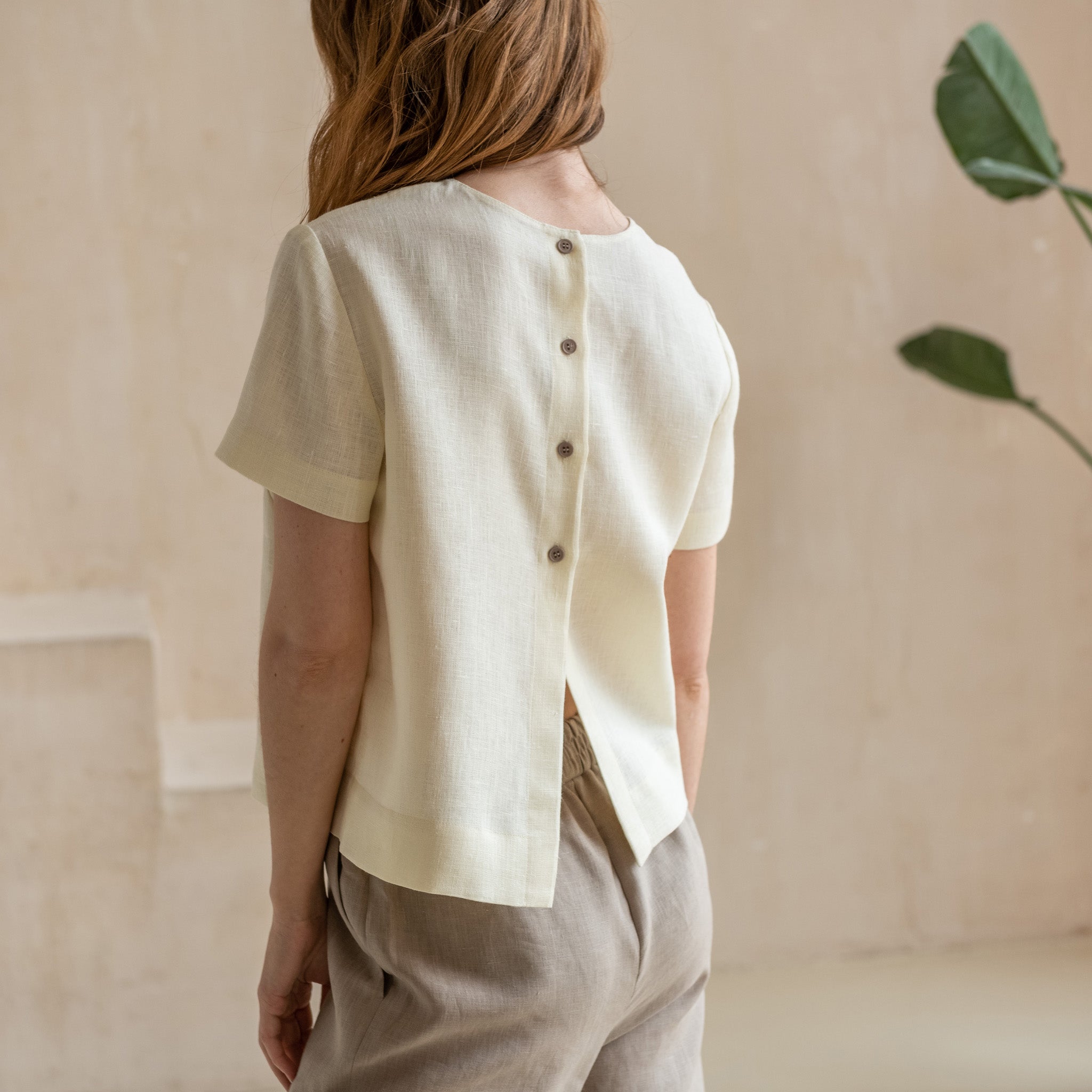 Cream Linen Short-Sleeve Button-Back Blouse