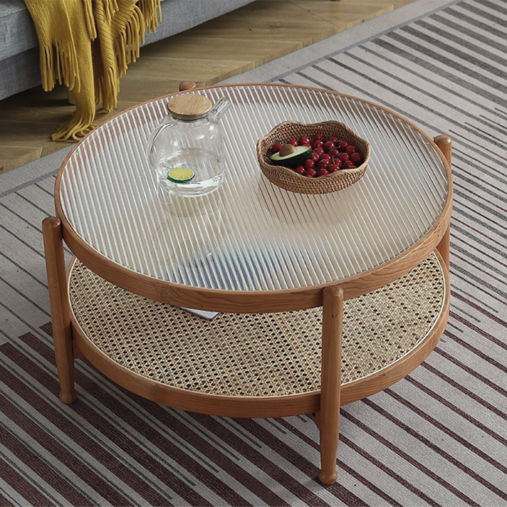 昭和レトロ ラウンドガラストップラタンローテーブル ラタン製円形