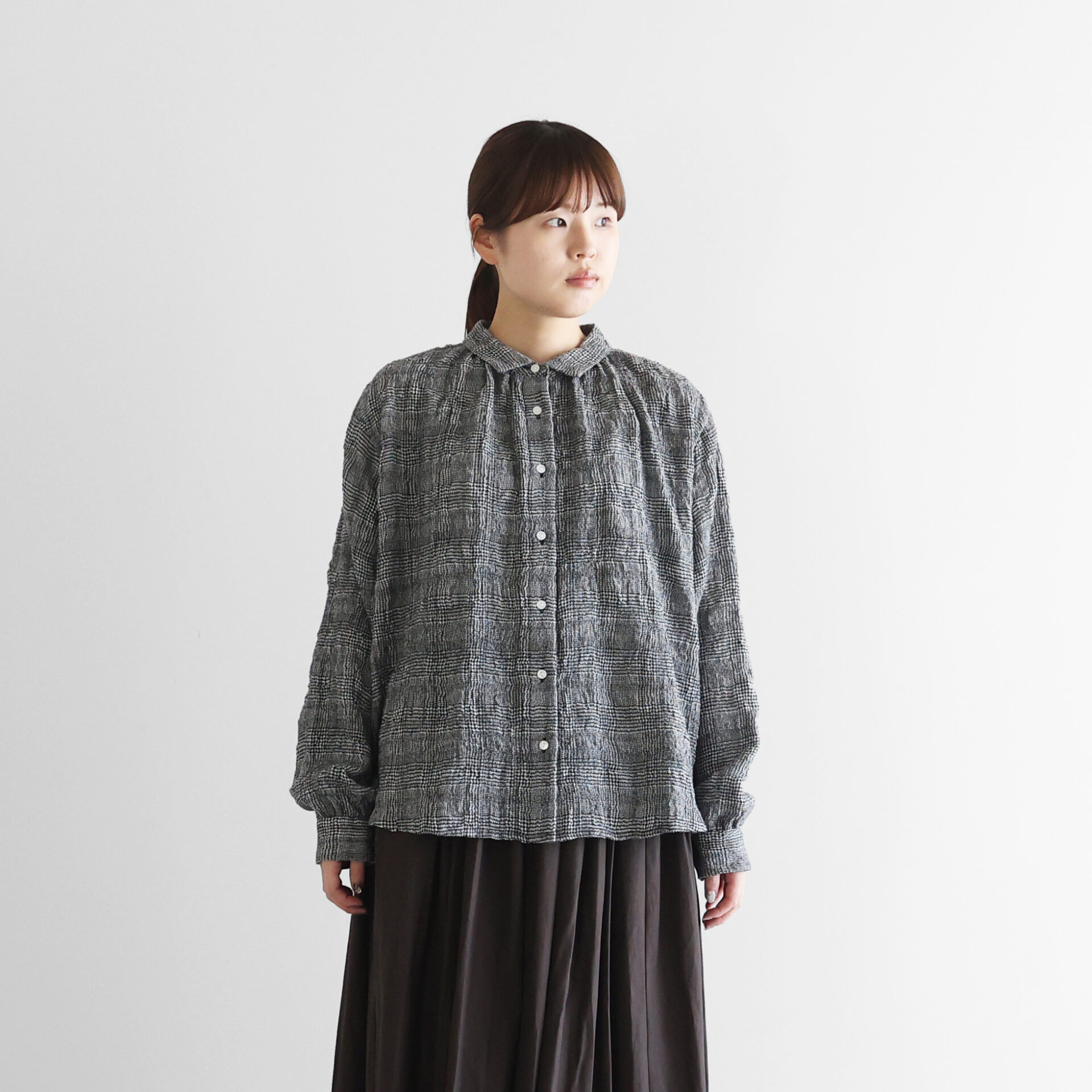 HUIS×尾州”縮絨綿ウールガーゼギャザーブラウス【レディス】U119を