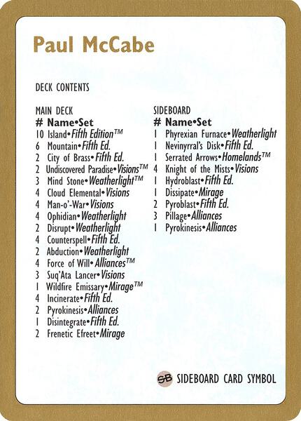 1997 Paul McCabe Decklist Card - World Championship Decks - Magic