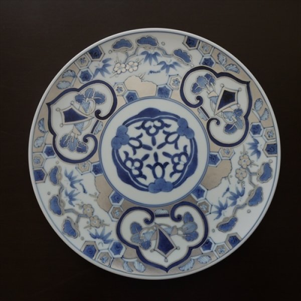 有田焼/福珠窯/染付銀蘭手/古伊万里松竹梅9寸平皿 /Φ27 X H1