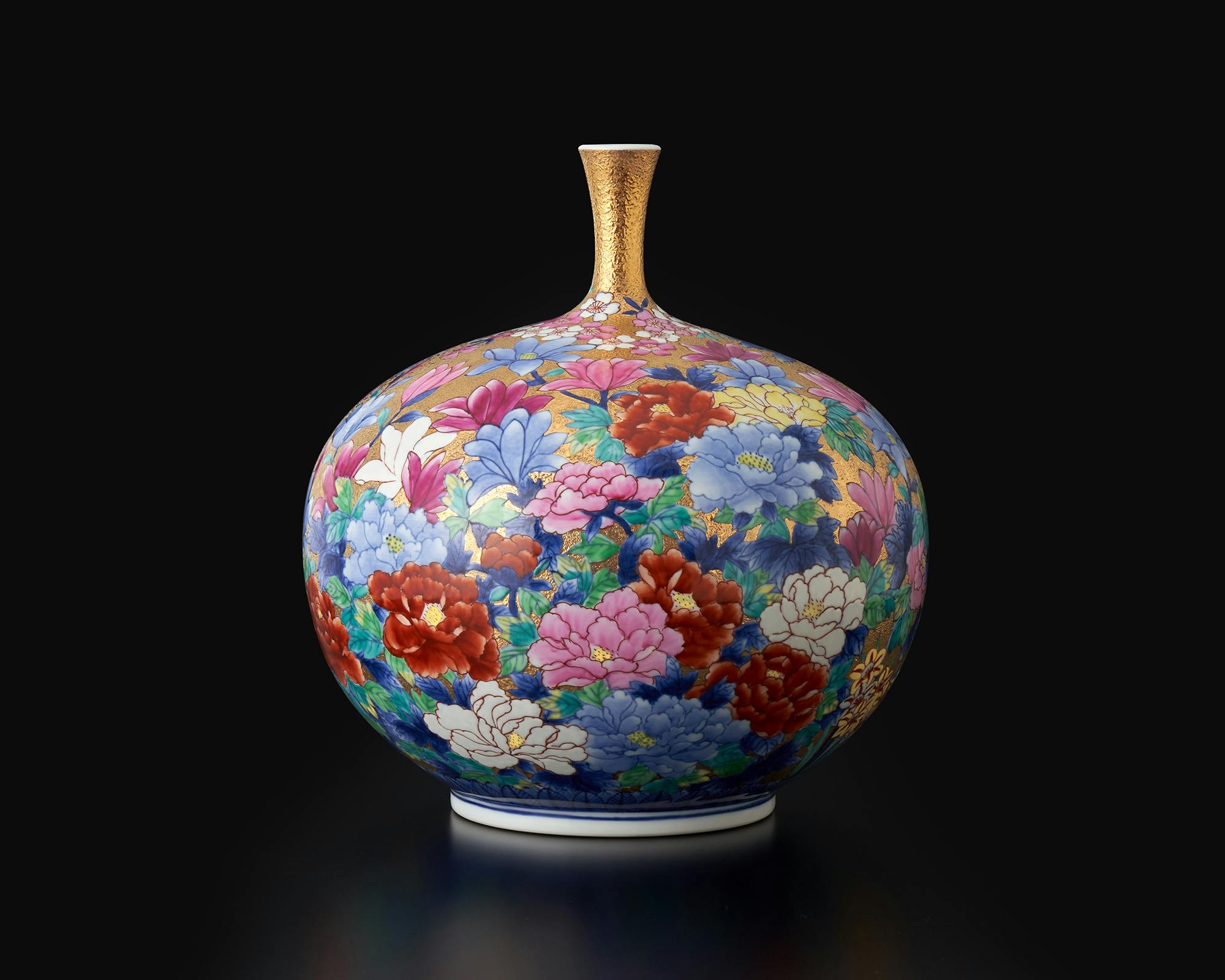 花器「花瓶 鶴首 金彩春爛漫図」 金龍窯 江口天童 有田焼 陶磁器