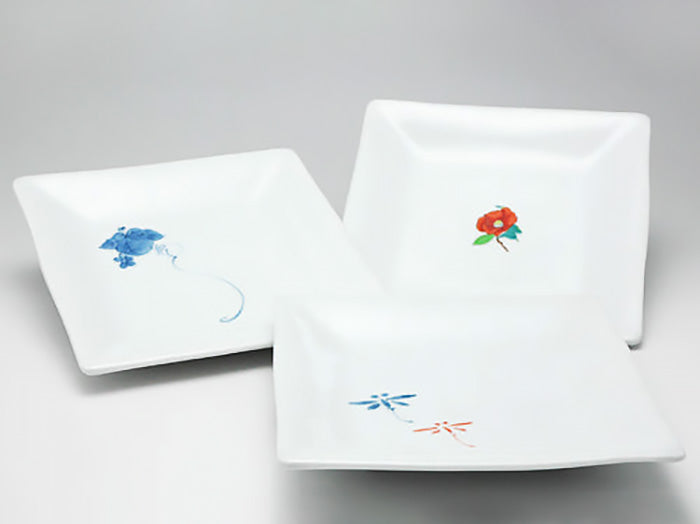 B389b 「椿図皿 5枚」九谷焼 金城製 春日山窯 青木木米 陶器 金沢