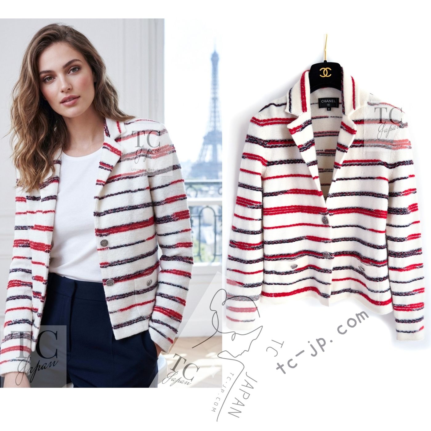 シャネル アイボリー レッド ボーダー カシミア ニット ジャケット
