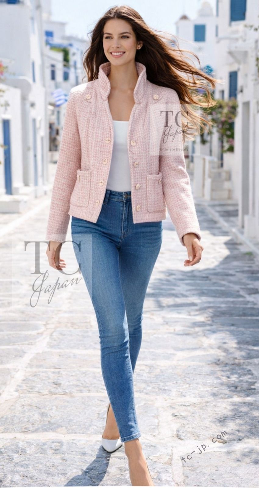 シャネル ジャケット CHANEL ピンク ウール アルパカ シルク スタンド