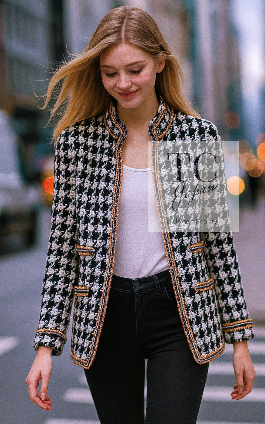 シャネル ジャケット CHANEL ブラック アイボリー 千鳥格子 ジッパー